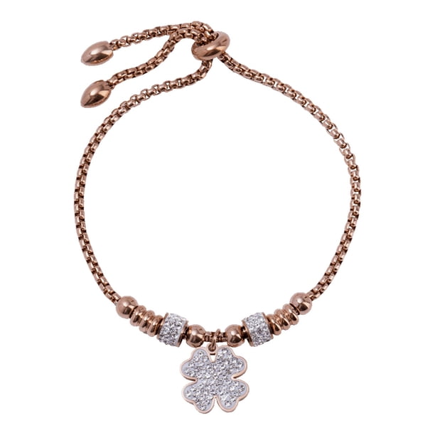 Pulseras de Mujer con Dije de Trébol de Buena Suerte LuckyLy, Acero Inoxidable con Zirconia Cúbica, Modelo Tea dorado UNITALLA