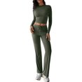 thumbnail image 3 of Conjuntos de 2 Piezas para Mujer, Larga, Cuello Redondo, Pantalones Acampanados de Cintura Alta, Conjuntos de Chándal, Ropa de Calle. Verde S, 3 of 9