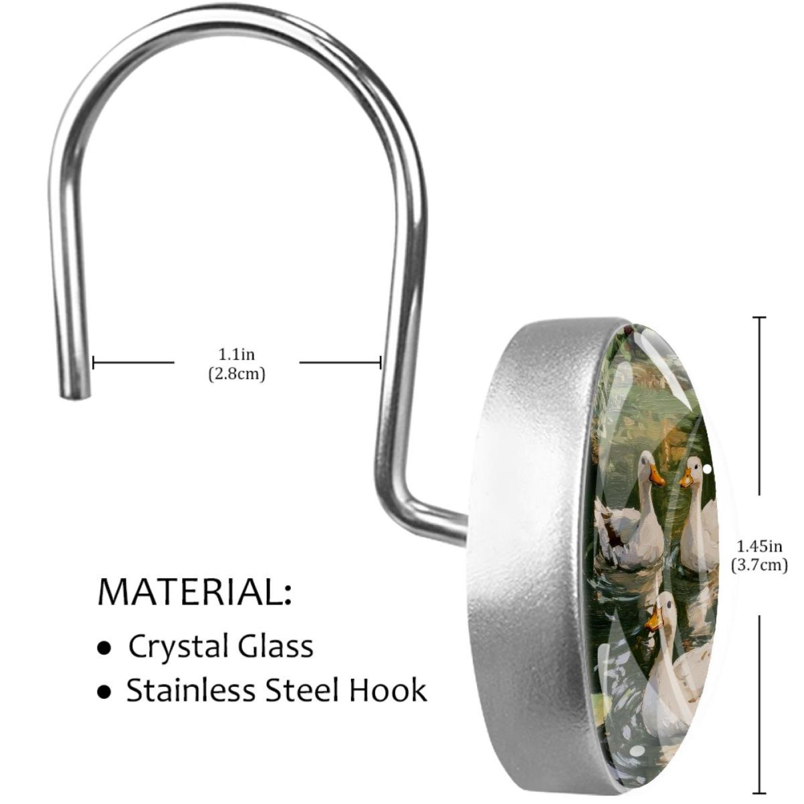 White Ducks Swim on Pond Shower Curtain Hooks Round Crystal Glass, Set of 12 Shower Curtain Rings - Shower Hooks for Curtain Shower Rings