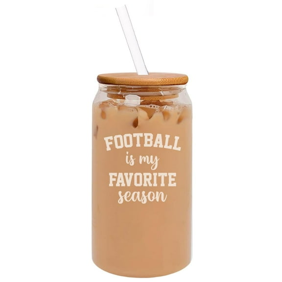 16oz Can Shaped Glass Iced Coffee Cup with Bamboo Lid and Straw Gift Football Is My Favorite Season Football Mom