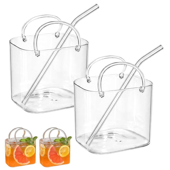DTREELS Glass Purse for Drinks, Purse Drinking Glass with Straws, Purses Drinking Glass, Handbag Shaped Cocktail Cup, 26oz Unique Wine Glass Hand Bag, for Fruit Juice Afternoon Tea Flowers Picnic