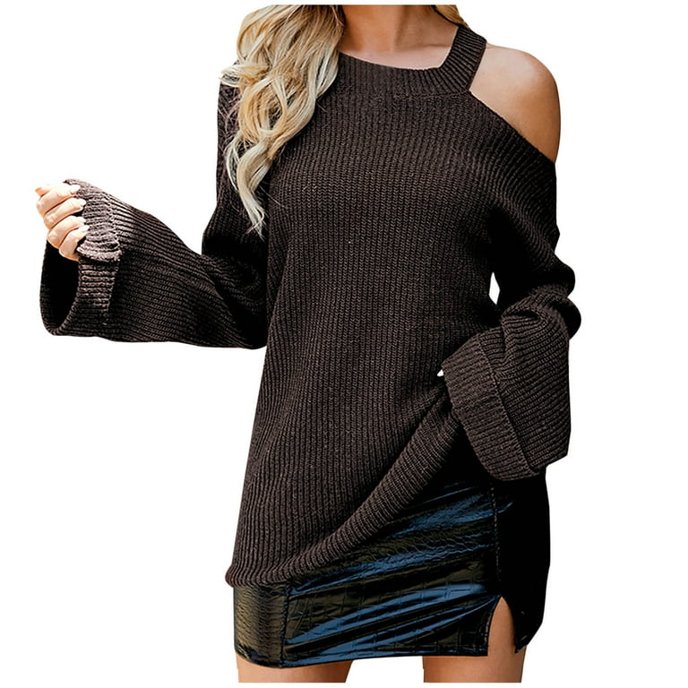 Oversized Cold Shoulder Sweaters for Women Solid Color Crewneck Loose Sweater Long Sleeve Drop Shoulder tops Walmart