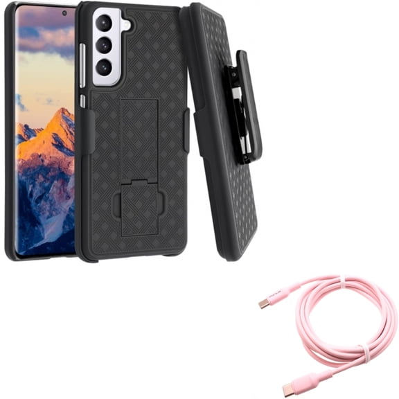 Pink 10ft Long Cable w Case Belt Clip for Samsung Galaxy S21 FE 5G - USB-C to Type-C PD Fast Charger Cord, Holster Swivel Cover
