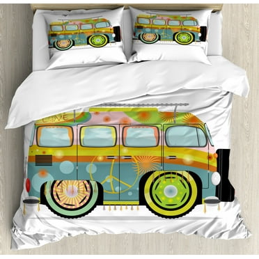 Urban Graffiti Queen Size Duvet Cover Set, Hippie Campervan with Colorful Exterior Painting with Artsy Peace Symbol, Decorative 3 Piece Bedding Set with 2 Pillow Shams, Multicolor, by Ambesonne