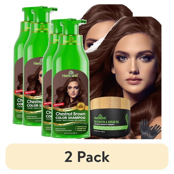 (2 pack) Herbishh Combo Pack - 2 Pc Hair Color Shampoo, Long Lasting Color, (500 ml, Chestnut Brown) 1 Pc Argan Hair Mask, Nourishes Dry & Frizzy Hair (150 ml)