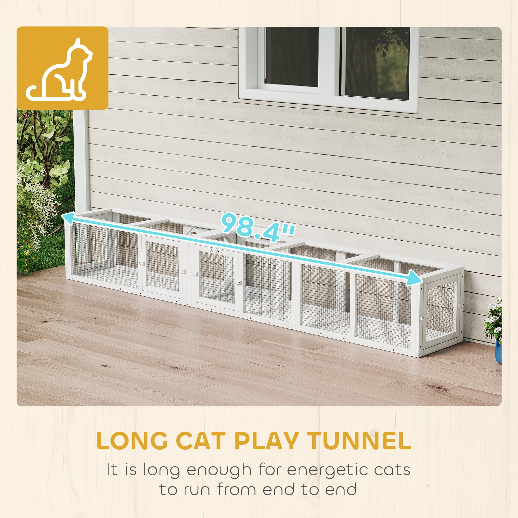 PawHut 98" Cat Tunnel Outdoor with Combinable Design, Doors, White
