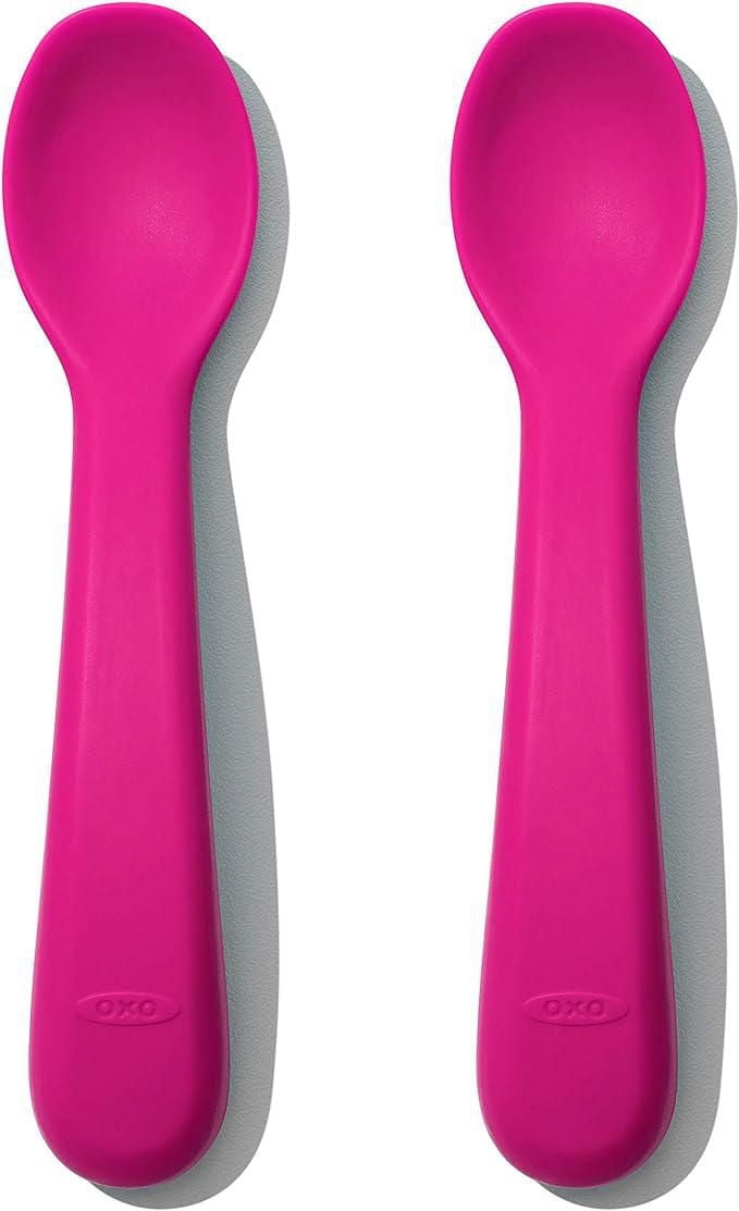 OXO Tot - Silicone Spoons - Encourage Self-Feeding - Easy for Little Ones to Hold - Baby Toddler Feeding Utensils - Pink - 2-Pack