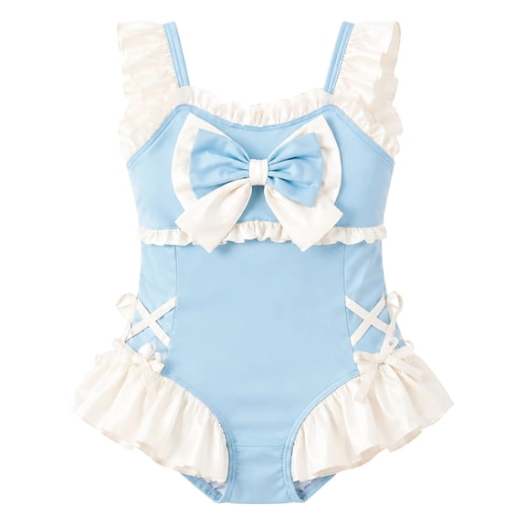 VNKIDY Girls Kids Square Neck Ruffle Trim Bow Decor Solid Color One Piece Swimsuit Crisscross Side Ruffle Hem Cute Beach Bathing Suit For Child Leisure Swimwear 3-4 Years