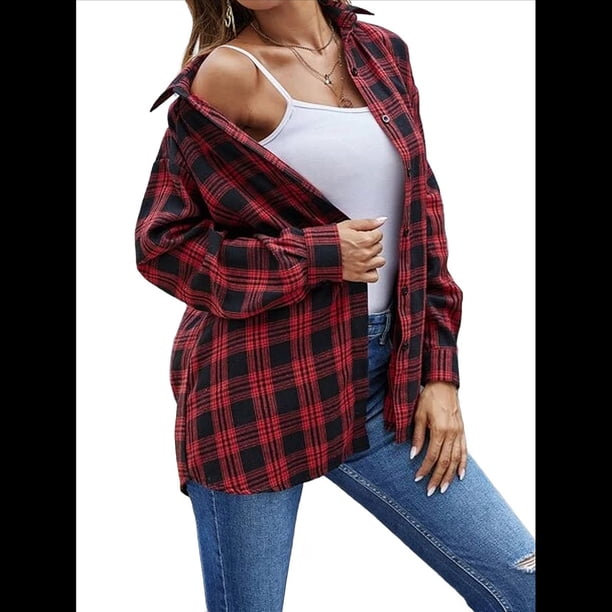 Camisas de Franela con Botones para Mujer, Camisas A Cuadros de Larga, Blusa Informal de Negocios Rojo S