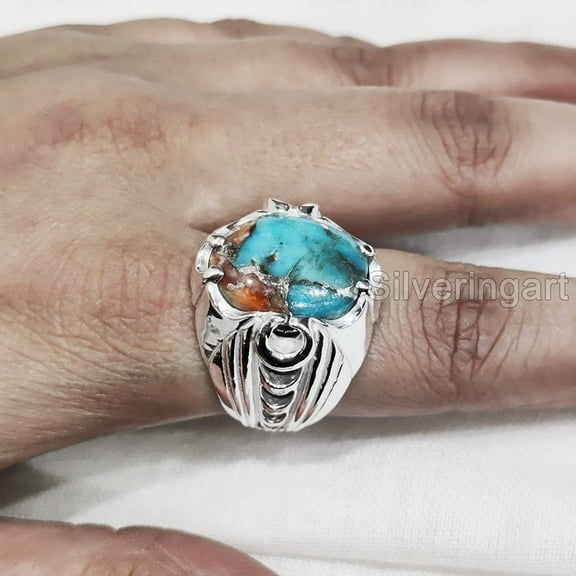 Oyster Copper Turquoise Mans Ring, Natural Copper Turquoise, Silver Jewelry, 925 Silver Ring, Birthday Gift, Heavy Mens Ring, Arabic Design, Ottoman Style Ring, Christmas, Turkey Mens Signet Ring