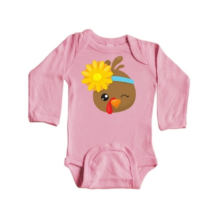 

Inktastic Thanksgiving Turkey Turkey With Sunflower Gift Baby Boy or Baby Girl Long Sleeve Bodysuit