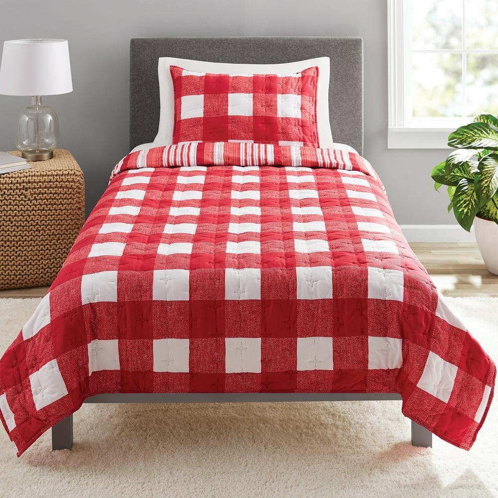 Mainstays Red Plaid Reversible QuiltinaTote Bed Set, Twin/Twin XL