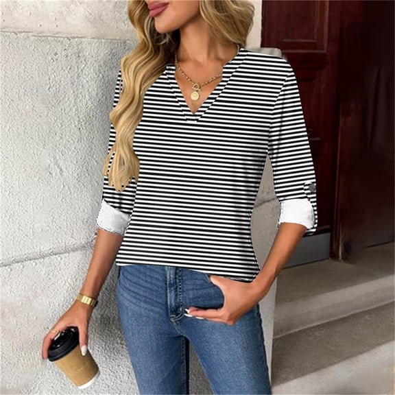 PNTUTB Women's Fashion Striped V-Neck Long Sleeve Casual Top with Live Cuffs and Curved Hem