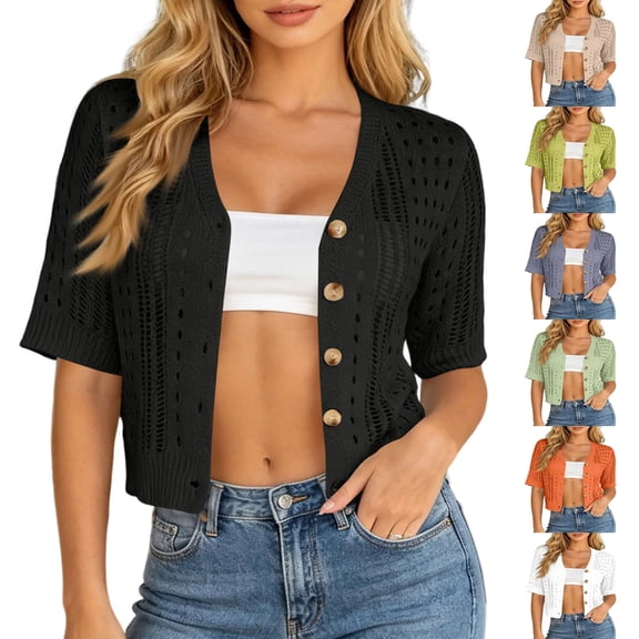 Sewkxo Women's Crochet Cardigan Sweaters Lightweight Summer Boho Open Front Knit Shrug 1/2 Sleeve Beach Cover Up,Black S