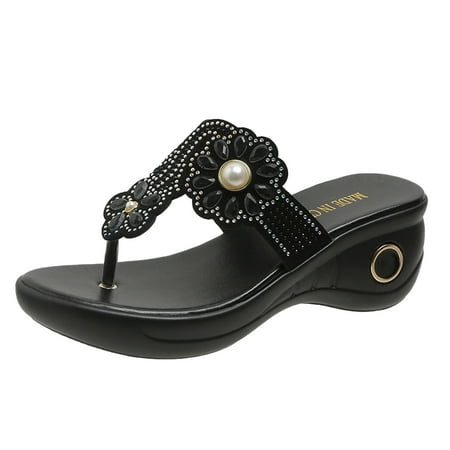 

CLZOUD Slide Sandals Women Dressy Black Women Sandals New Pattern Fashion Summer Round Toe Wedge Comfortable Non Slip Large Shoes 40