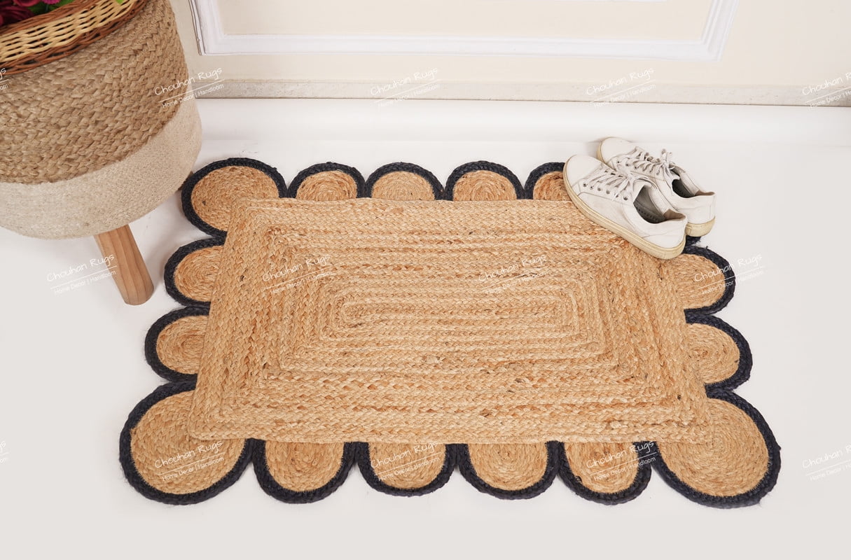 Rectangle Rug Natural Jute Rug Hand Braided Beige and Navy Blue Color Area Rug