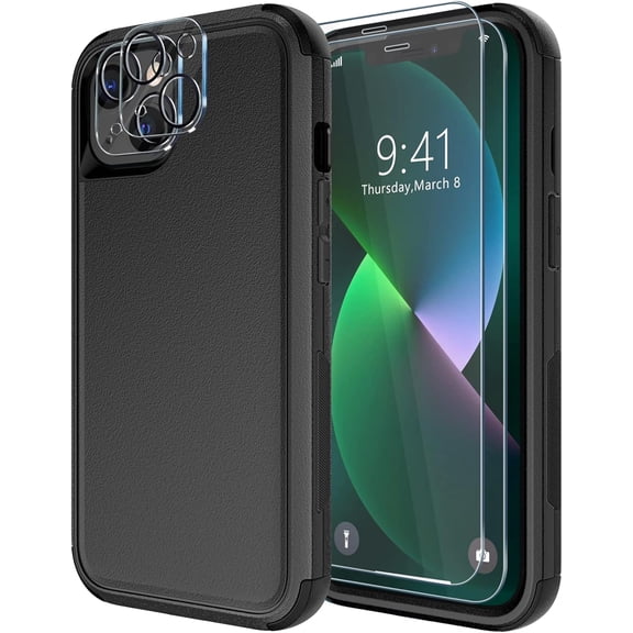 for iPhone 13 Case [Shockproof] [Dropproof] [Tempered Glass Screen Protector   Camera Lens Protector],Heavy Duty Protection Phone Case Cover for Apple iPhone 13 (Black)