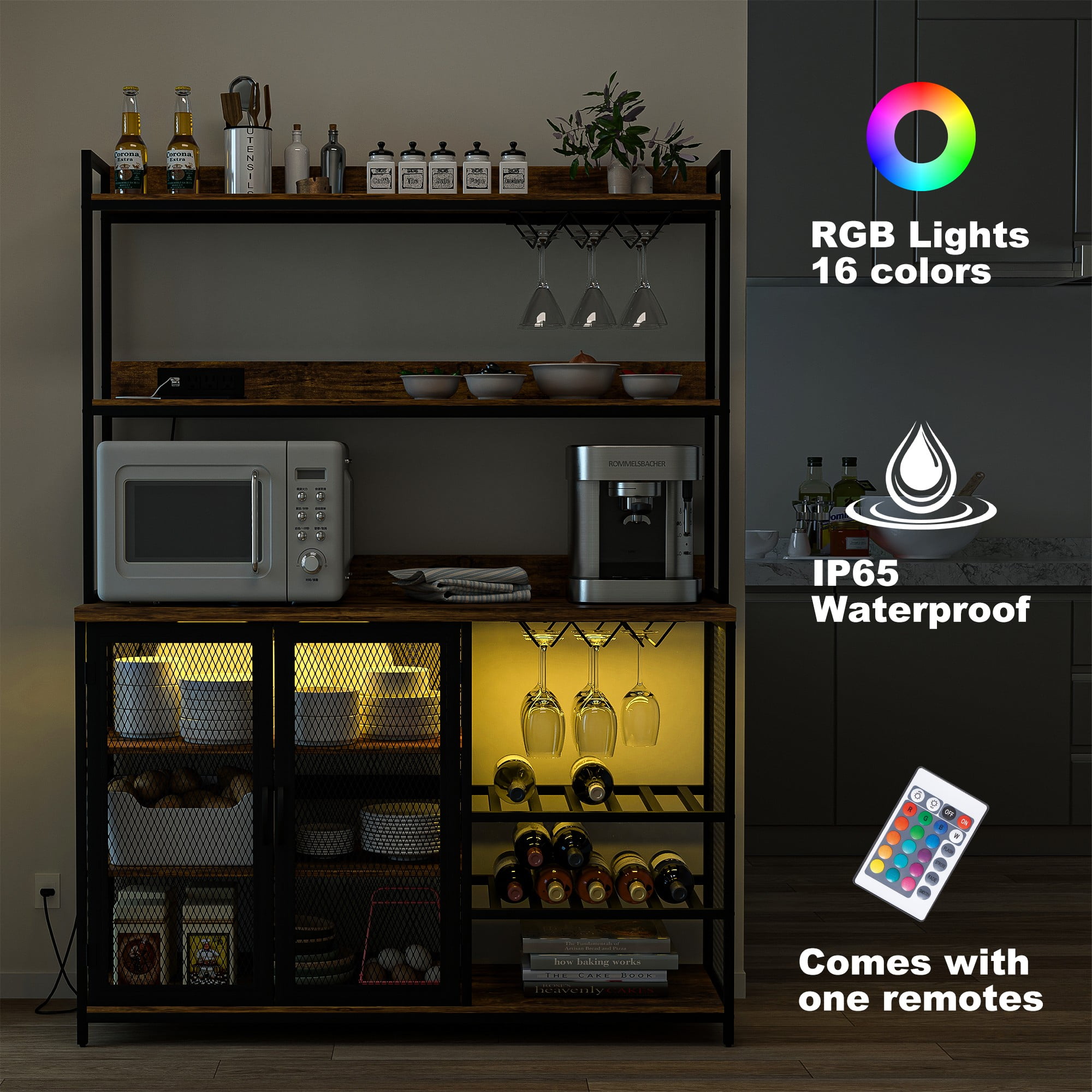 Finihen Coffee Bar Cabinet, Industrial Buffet Cabinet with LED Strip and Glass Holder, 3-Tiers Liquor Cabinet Bar for Home, Dining Room, Kitchen, Brown Finihen Coffee Bar Cabinet, Industrial Buffet Cabinet with LED Strip and Glass Holder, 3-Tiers Liquor Cabinet Bar for Home, Dining Room, Kitchen, Brown