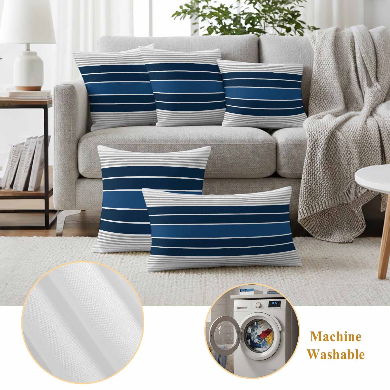 Lake Blue Stripes Outdoor Waterproof Pillow Covers, Modern Minimalist Gradient Lines Decorative Square Throw Pillowcase Sofa Cushion Sham for Patio/Couch/Chair, 26"x26" 2 Pack