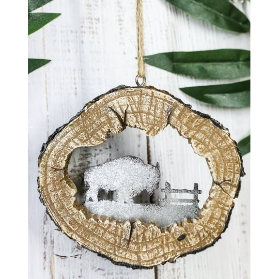 Rustic Western Bison Buffalo Faux Wood Log Set of 4 Christmas Tree Ornaments