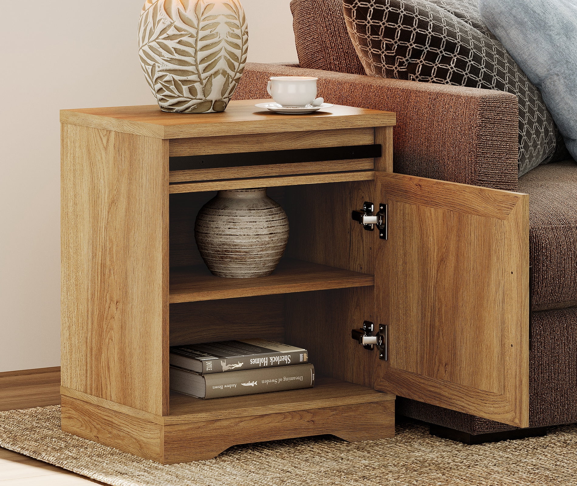 WAMPAT 24.3-inch Tall Farmhouse End Table Set of 2 with Drawer and Barn Door Cabinets for Living Room,Wood Scoring-Style Purposeful Distressing,Vintage Oak