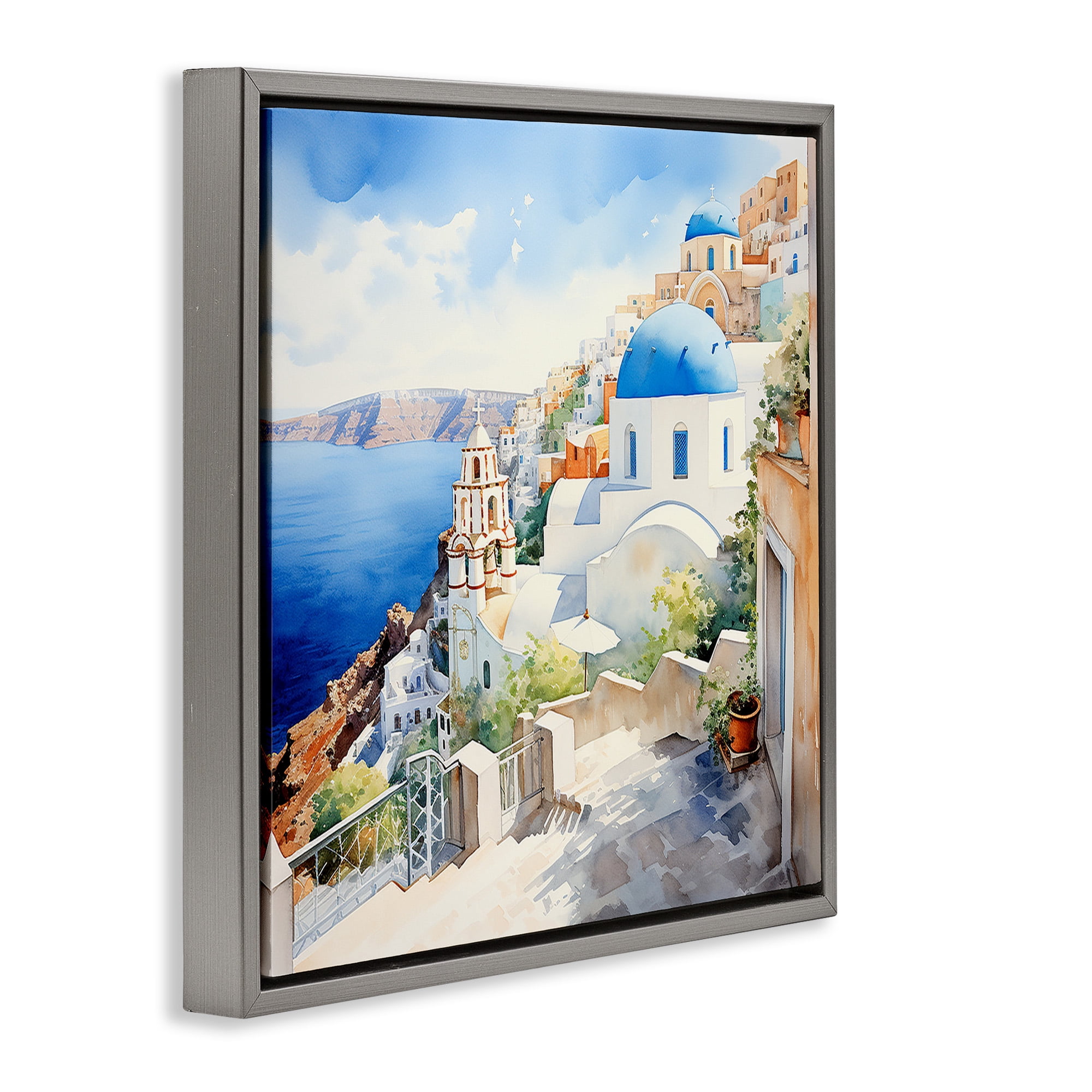 Stupell Industries Santorini City Landscape Travel & Places Painting Gray Floater Framed Canvas Art Print Wall Art, 25 x 25