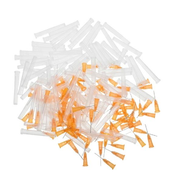 100 agujas dispensadoras de plástico de 25 g y 13 mm para dispensadores de líquidos industriales, ideales para rellenar tintas líquidas, adhesivos y pegamento. Color naranja.