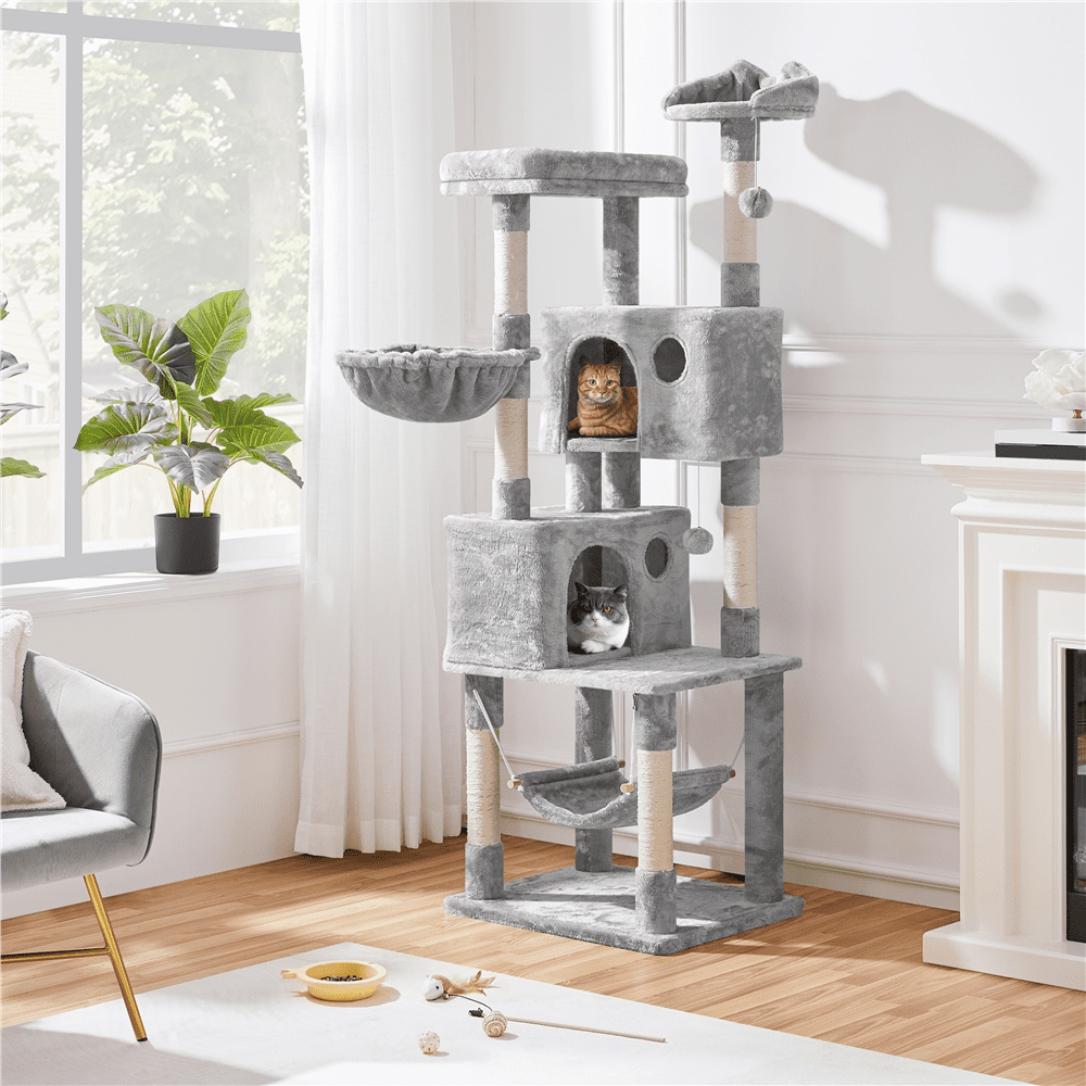 Alden Design 73"H Multi-Level Cat Tree Tower with Condos and Perches, Light Gray