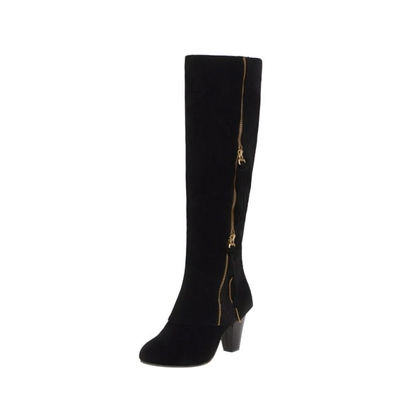 jovati Women Boots Winter Square High Heel Knee-high Zip Pointed Toe Shoes Fleece Vamp Female Boots