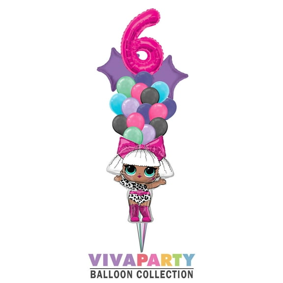 19 pc LOL Super Shape Diva with Solid Star and Latex Balloon Bouquet 19 pc, 6th Birthday, Hot Pink Number 6 Jumbo Balloon | Viva Party Balloon Collection