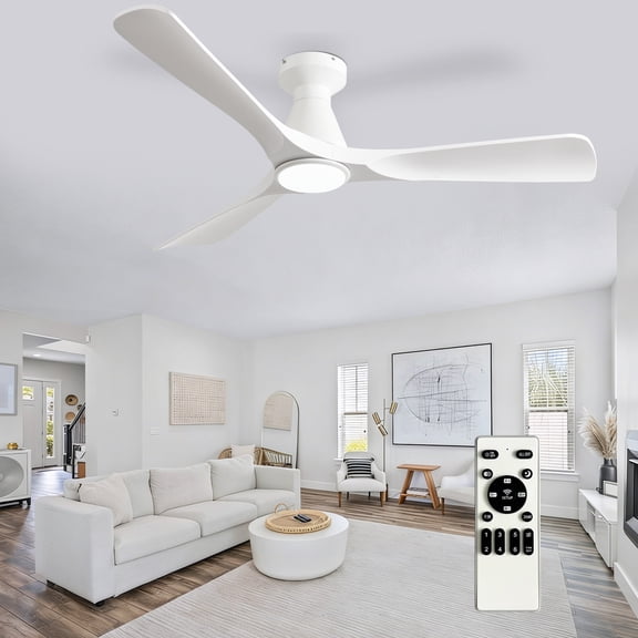52-Inch Low Profile Flush Mount Ceiling Fan with Light - White 3-Blade, Remote Control, Dimmable & Timer, Ultra Quiet DC Motor, Hanging Fan for Indoor/Outdoor Use