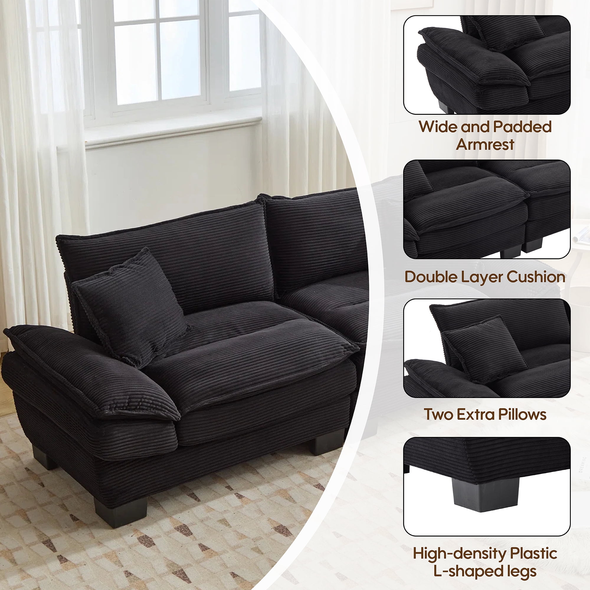 84" Comfy Corduroy Sofa 2-Seater Deep Seating Loveseat with Pillows for Small Spaces