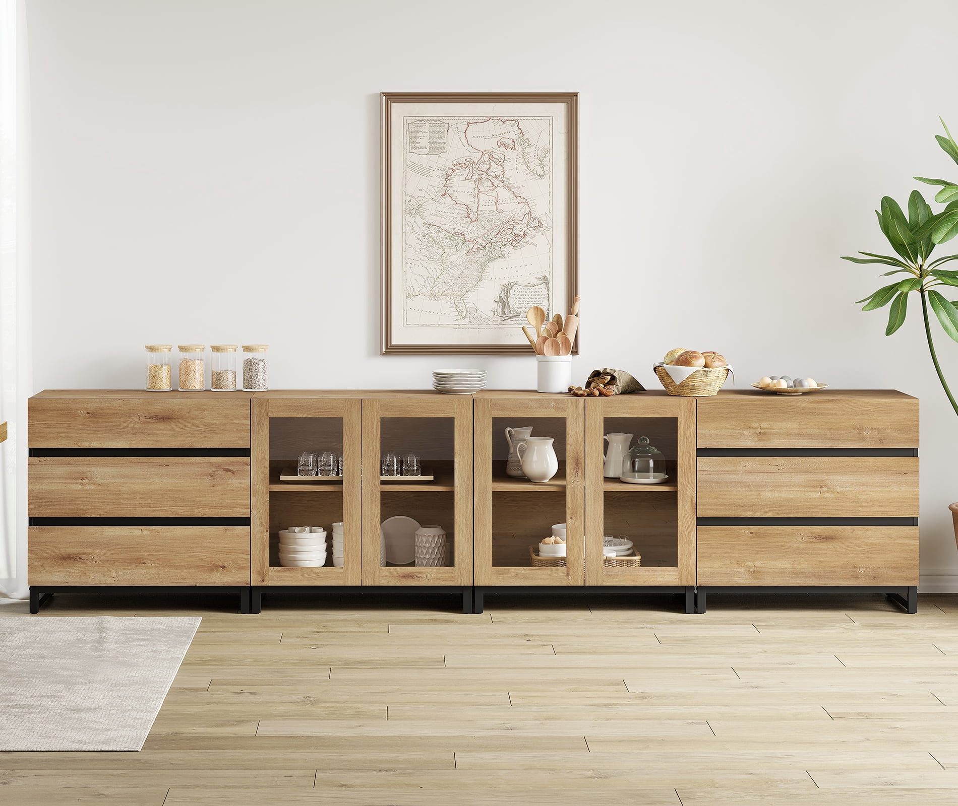 Modern 4-in-1 Sideboard Buffet Cabinet, Storage Credenza with 6 Drawers, Adjustable Shelf and Tempered Glass Doors, Metal Base Coffee Bar Cabinet for Home Decor,Oak