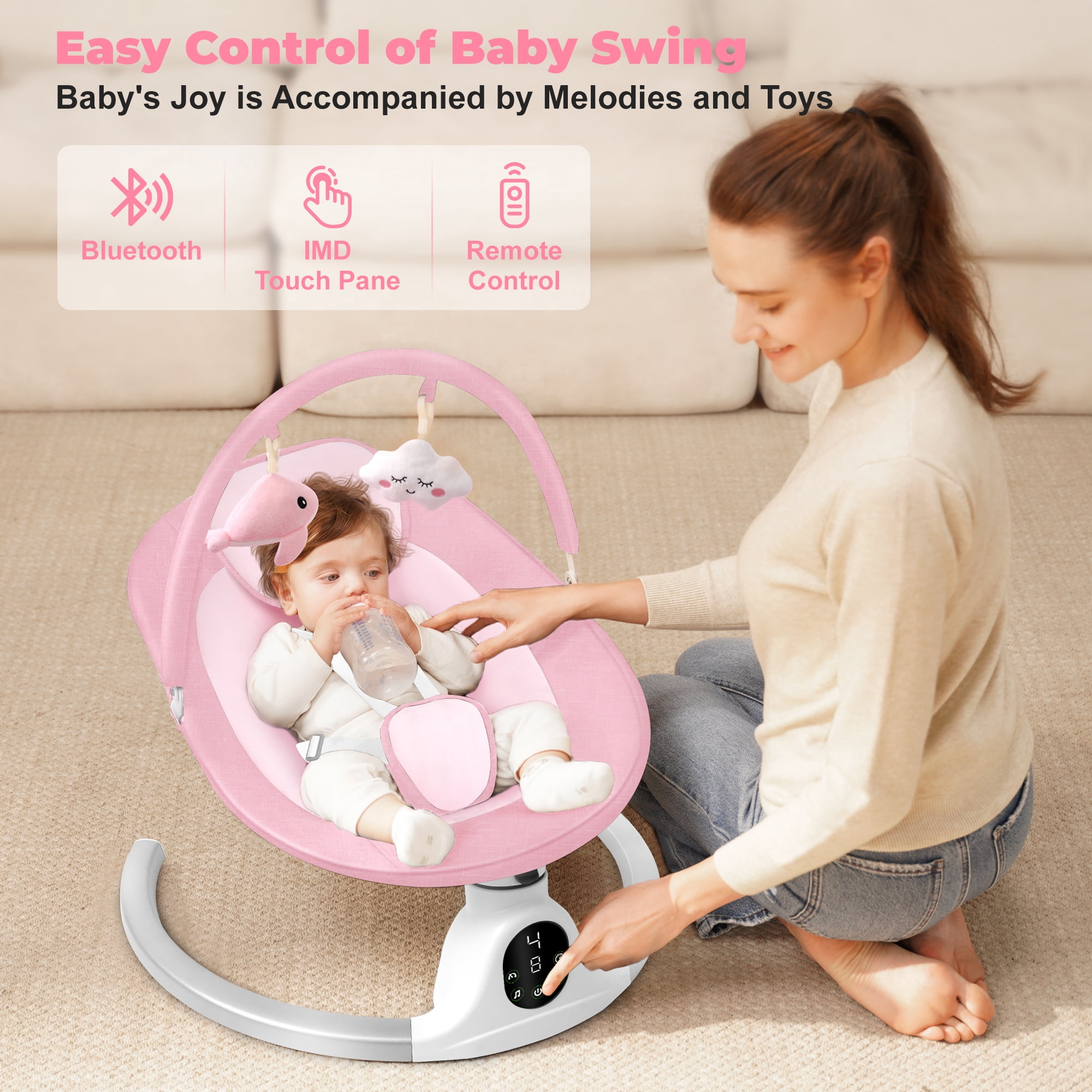 Babyeap Baby Swing for Infants, Electric Swing with 5 Swing Speeds and 10 Lullabies, Pink