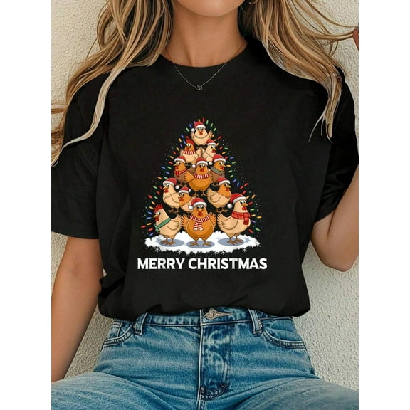Women Cotton Tshirt Merry Christmas Chickens Xmas Tree Funny Farmer Family T-Shirt Comfort Tshirt Women
