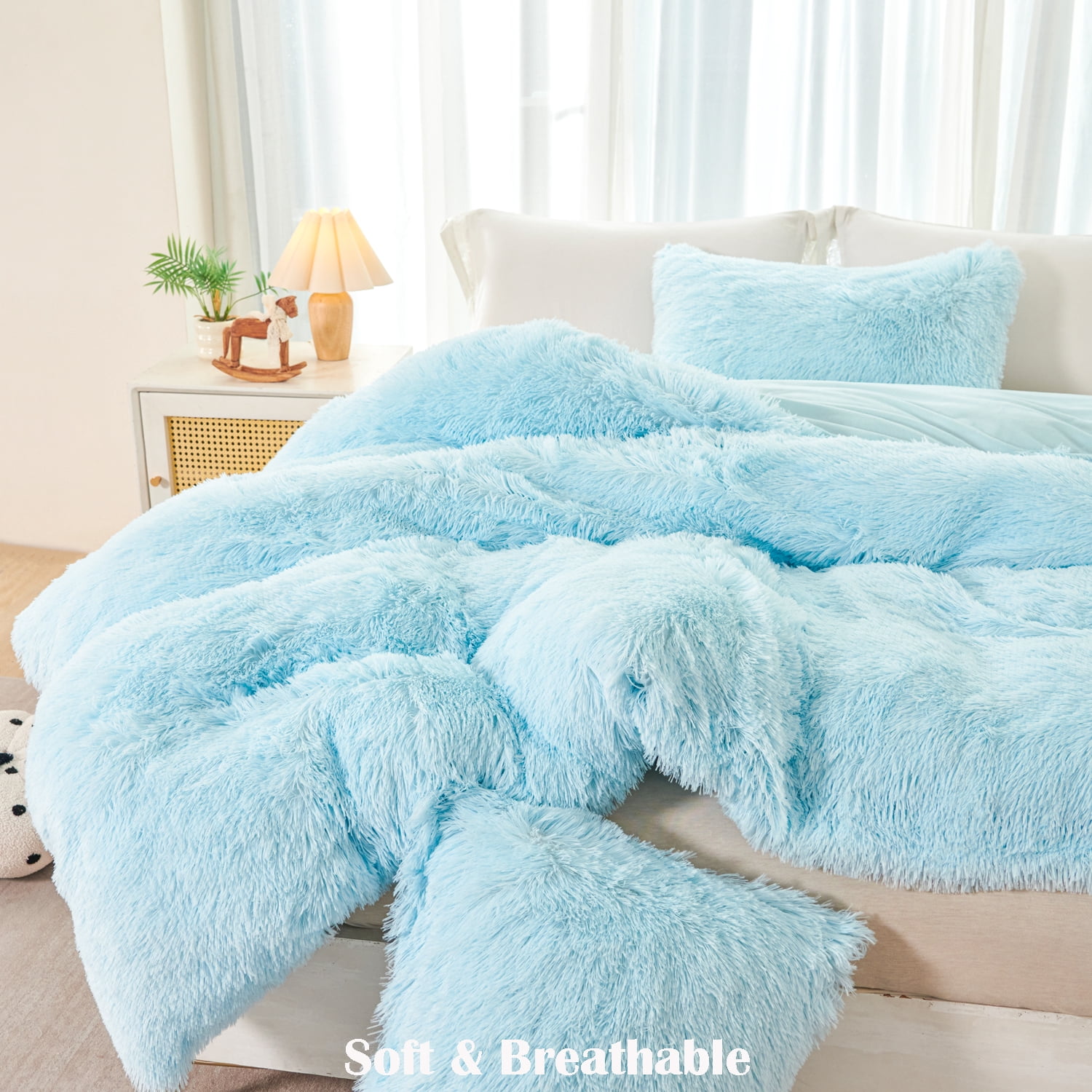 URBONUR 3 Pieces Blue Girls Comforter Sets Twin Faux Fur Plush Bedding Sets Fluffy Bedding Comforter Sets for Kids Teens(1 Shaggy Comforter + 2 Faux Fur Pillowcases)