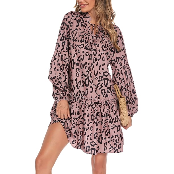 VISgogo Vestido de primavera para mujer, vestido de manga larga con estampado floral/leopardo con cuello en V, trajes sueltos hasta la rodilla para mujer VISgogo moda