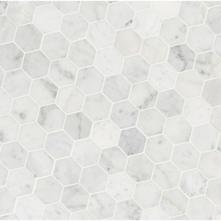 Carrara White Hexagon 12 in. x 12 in. x 8mm Honed Marble Mesh Mounted Mosaic Tile (9.8 sq. ft./ case) Carrara White Hexagon 12 in. x 12 in. x 8mm Honed Marble Mesh Mounted Mosaic Tile (9.8 sq. ft./ case)