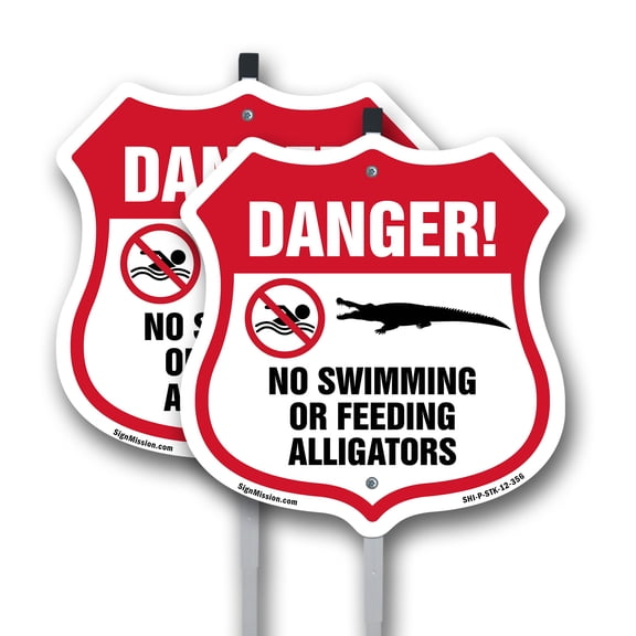 Alligator Warning Shield Sign Danger! No Swimming Or Feeding Alligators (2 Pack) 12 inch X 12 inch Shield Shaped Rust-Free Aluminum Metal Signs with Aluminum Mounting Stakes Weather