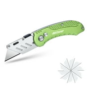 BECOWIN Folding Utility Knife Pocket Quick Change SK5 Blades Box Cutter Lightweight Aluminum Body Belt Clip for Office and Home with Extra 10-Piece Blades, Green