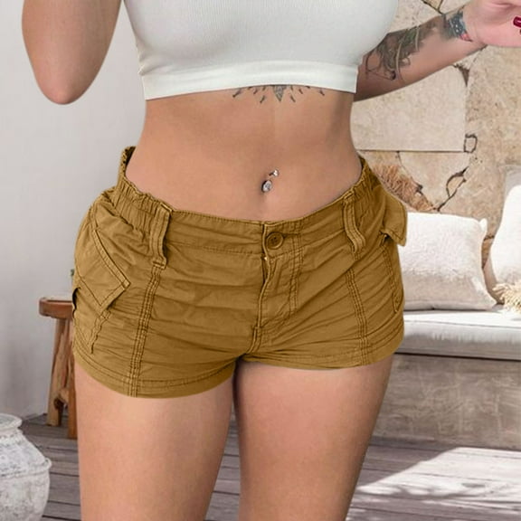 BLOCLOALO Denim Shorts Cargo Shortts Women's Cargo Shorts Elastic Waist Pockets Summer Casual Shorts Y2K Shorts Shorts for Women Mid Rise Shorts Shorts with Pockets Jean Shorts Brown L