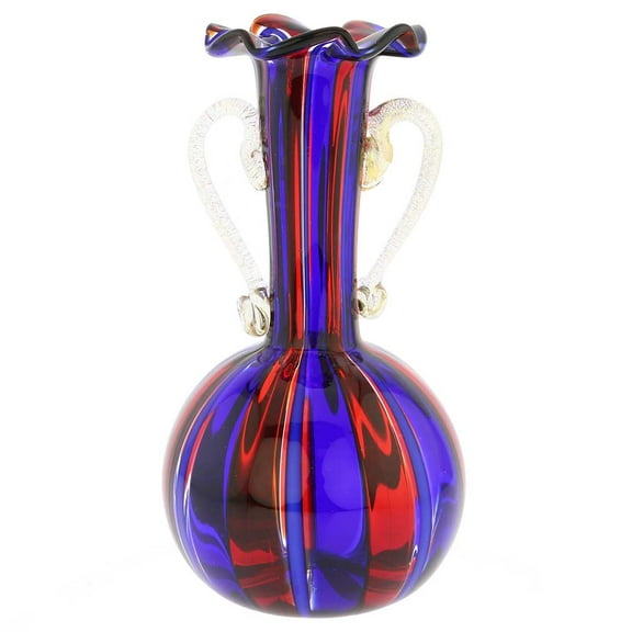 GlassOfVenice Murano Glass Small Vase With Handles - Blue and Red Stripes
