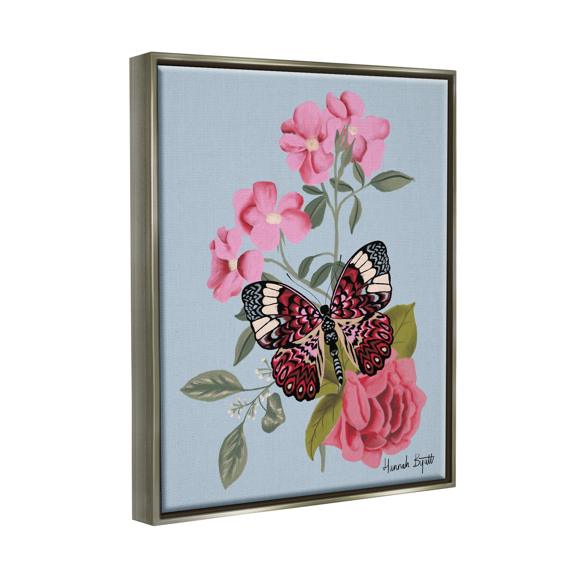 Stupell Industries Pink Floral Butterfly Animals & Insects Painting Gray Floater Framed Art Print Wall Art, 25 x 31