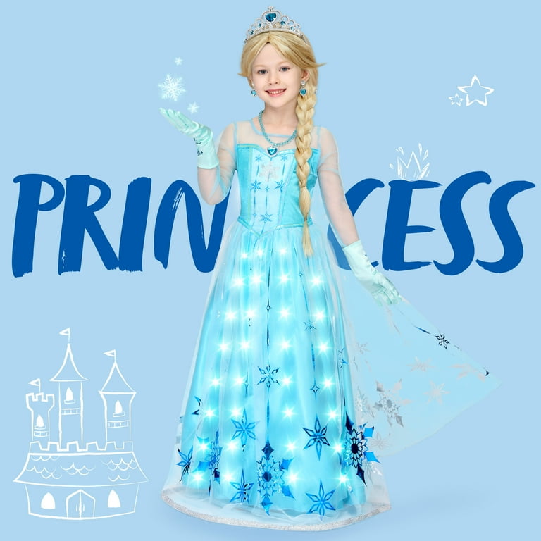 Joyfy Light-Up Ice Princess Dress for Girls, Long Cape Princess Costume  Set, Sequin Snow Dress with LED for Kids Toddler Birthday, Cosplay,  Halloween Party 3-10 Years