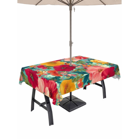 Outdoor Tablecloth with Umbrella Hole for Patio/Picnic/Party/Camping, Bohemia Floral Waterproof Table Cloth Rectangle Table Cover Washable, Modern Rustic Poppies Flower Leaves Watercolor (52"x 70")