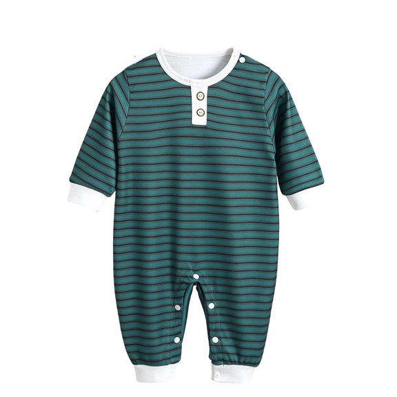 Fesfesfes Baby Toddler Kids Striped Long Sleeve Romper Jumpsuit with Button Placket, Soft Polyester Crewneck Onesie Outfit for Daily Fall Winter Play Wear 0-18 Months Old.