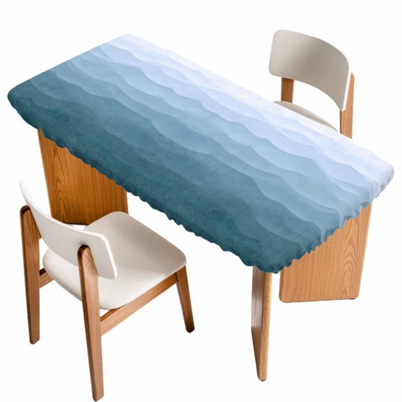Blue Coastal Wave Table Cloths for 4 Foot Rectangle Tables, Summer Ocean Nautical Beach Ombre Patio Waterproof Elastic Fitted Tablecloths, Washable Rectangular Table Cover for Camping