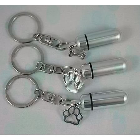 Paws Ceramic Bones - Special PET/DOG PAW/BONE TRIO - Silver CREMATION URN Keepsake Set - on Swivel Stainless Steel Keychains
