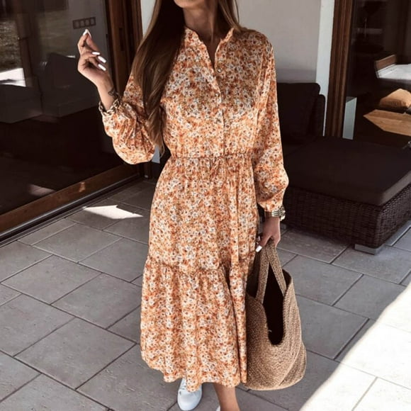 FcBaudy Long Sleeve V-Neck Dress,Summer Dresses for Women,Womens Dresses Women Button Pleated Lace Tied Sleeves With Lace Up Large Hem Printed Long Sleeve-Neck Dress Women Dress