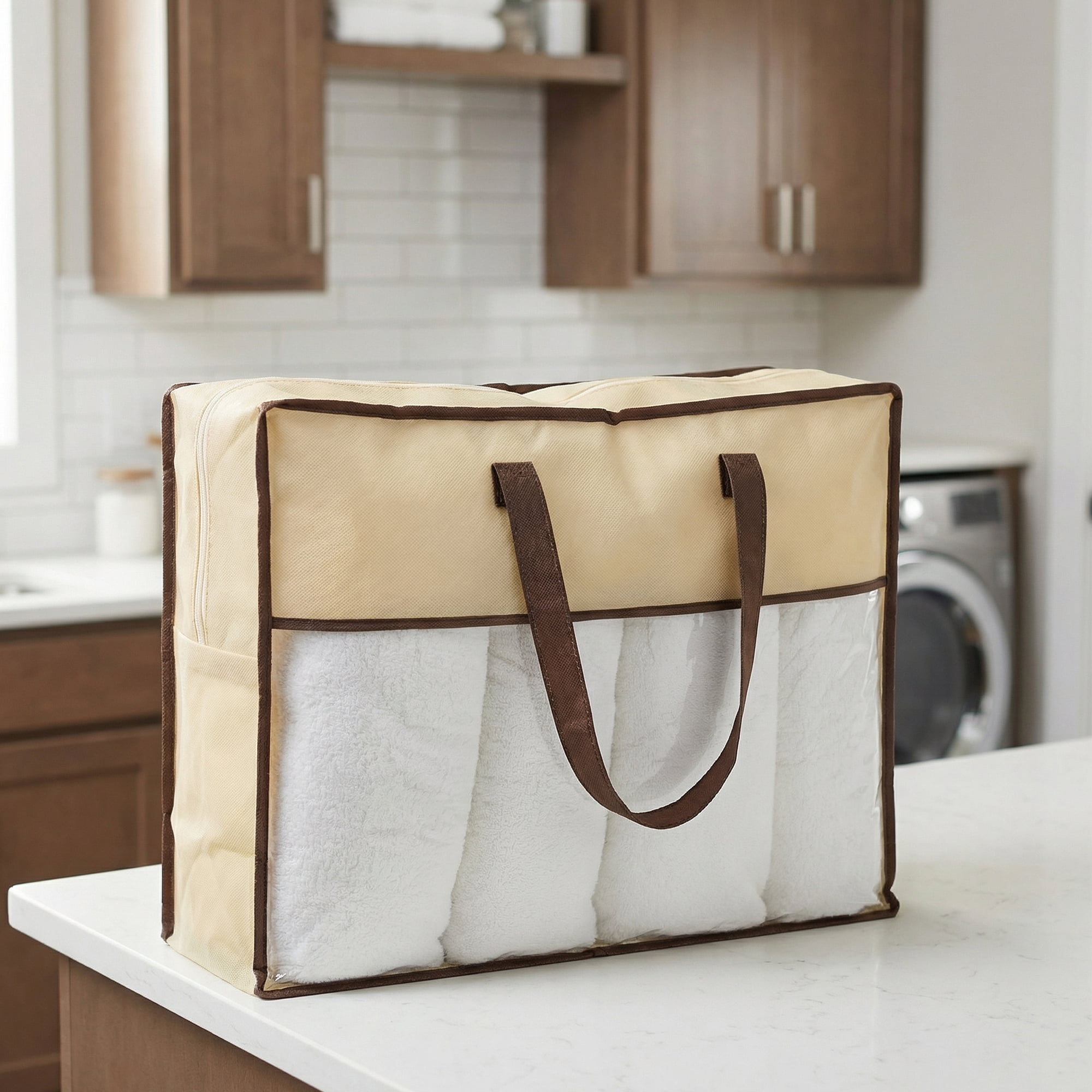 Unique Bargains Storage Bag for Organizing Clothing with Handles Beige 11.8"x15.7"x3.9"
